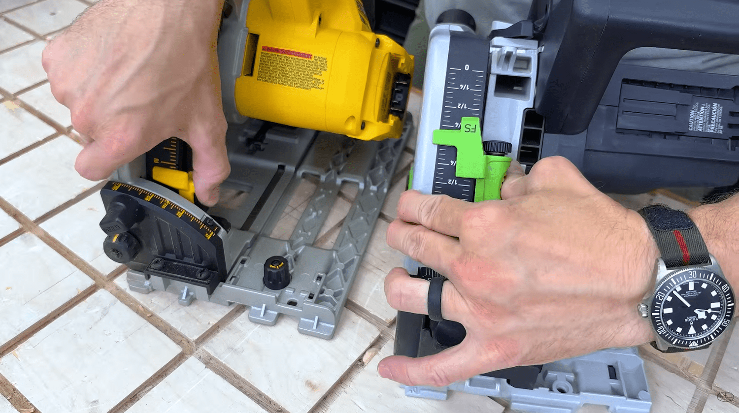 DeWALT XR 20V track saw side by side with a Festool track saw comparing bevel and depth controls
