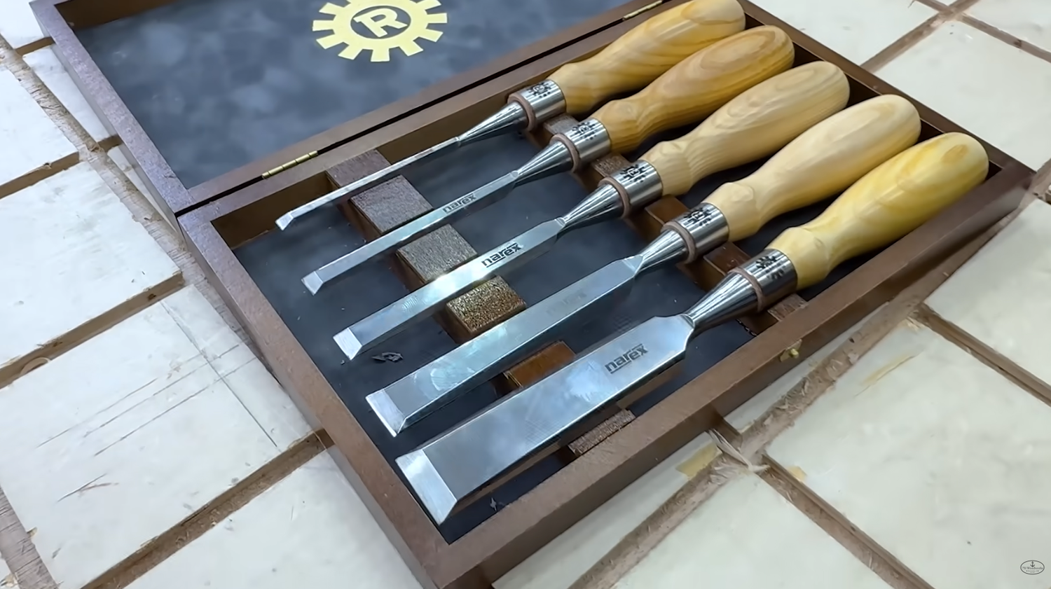 Narex Richter chisel set with European ash handles, stainless ferrules, and leather shock washers in the box