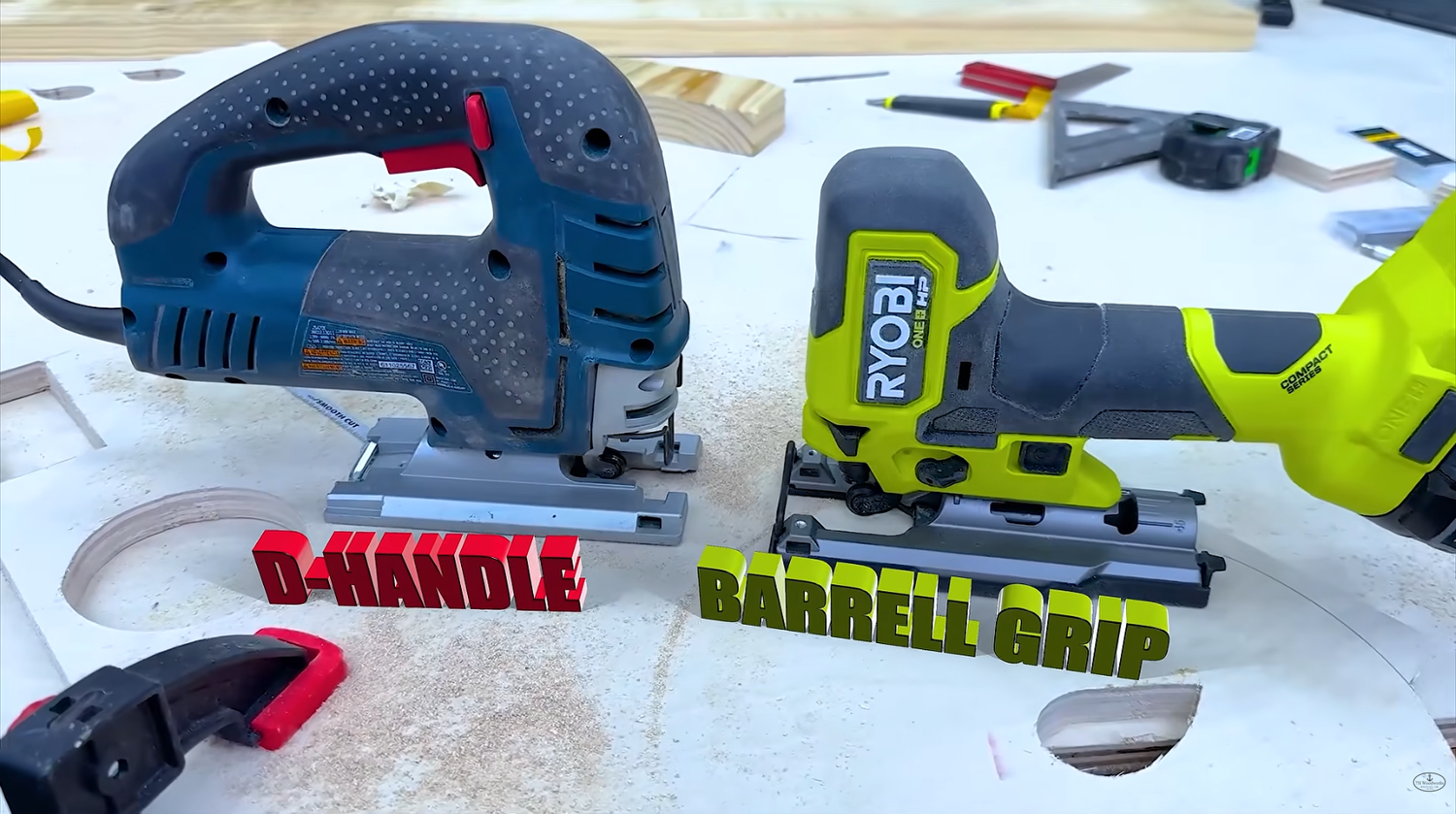 D-handle jigsaw next to a barrel grip jigsaw showing the difference between the two handle styles