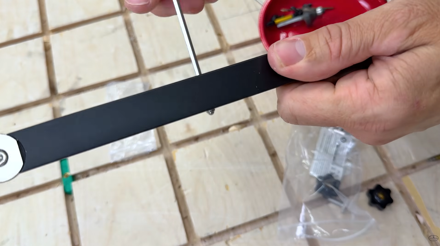 iGaging Digital Miter Gauge bar showing the adjustment points that set its fit in the table saw miter slot