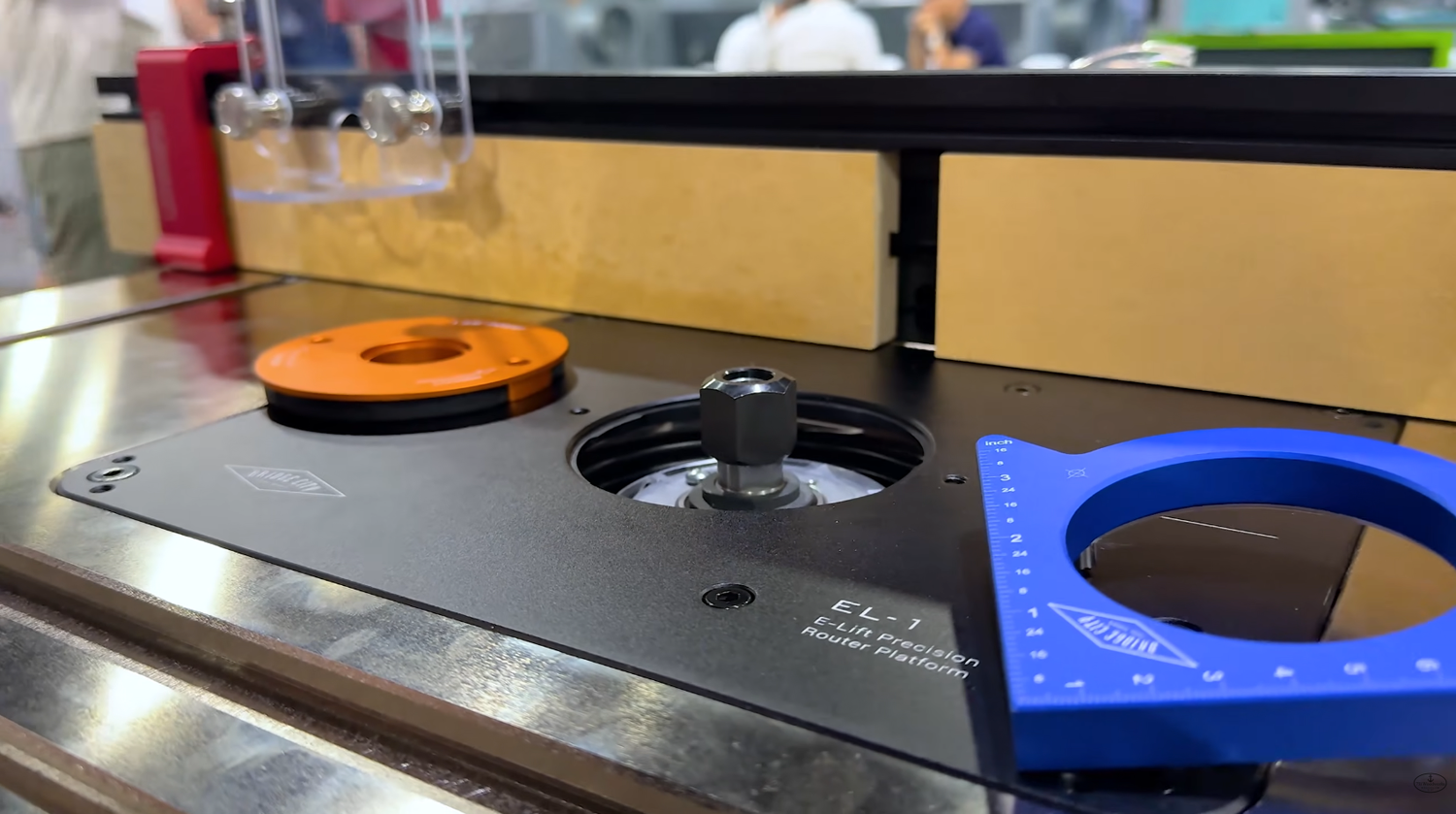 Harvey e-Lift Precision Router Lift automated router lift with its router plate installed in a router table