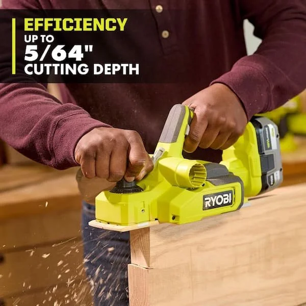 RYOBI 18V ONE+ Hand Planer in use on a workbench
