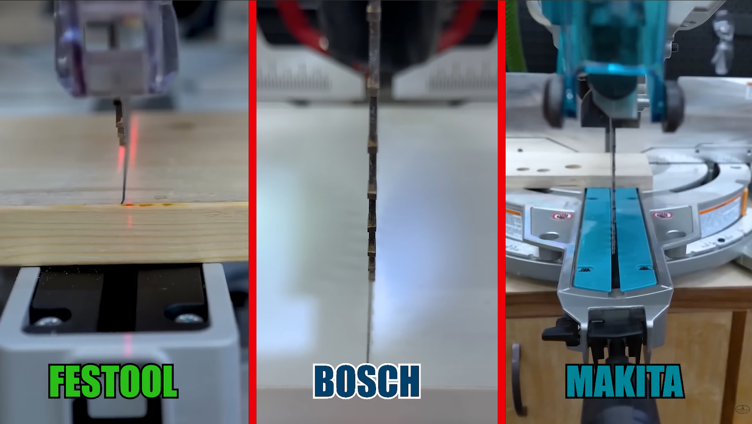 Side by side blade deflection test comparing the Bosch EXCM341-305GD, Festool Kapex, and Makita miter saws against a square line on white melamine