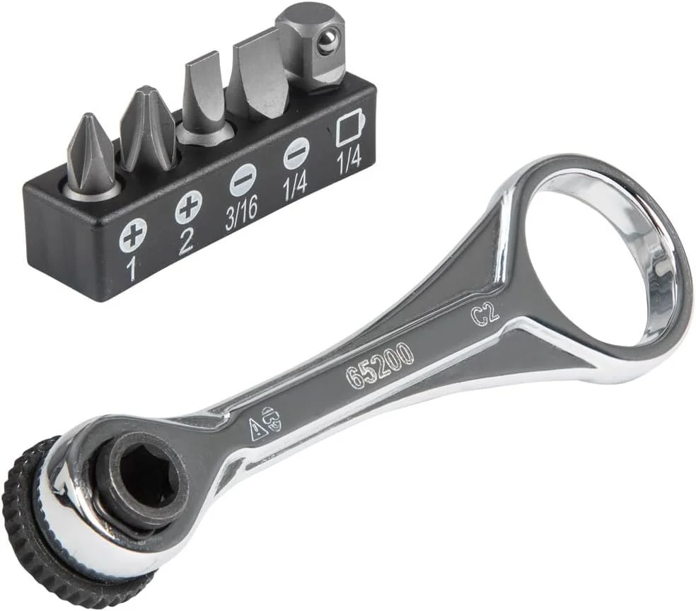 Klein Tools mini ratchet with bit holder and socket adapter