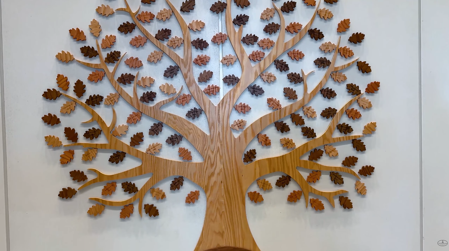 Wooden employee ownership tree on the wall at Kreg Tool with wooden leaves naming each vested part owner