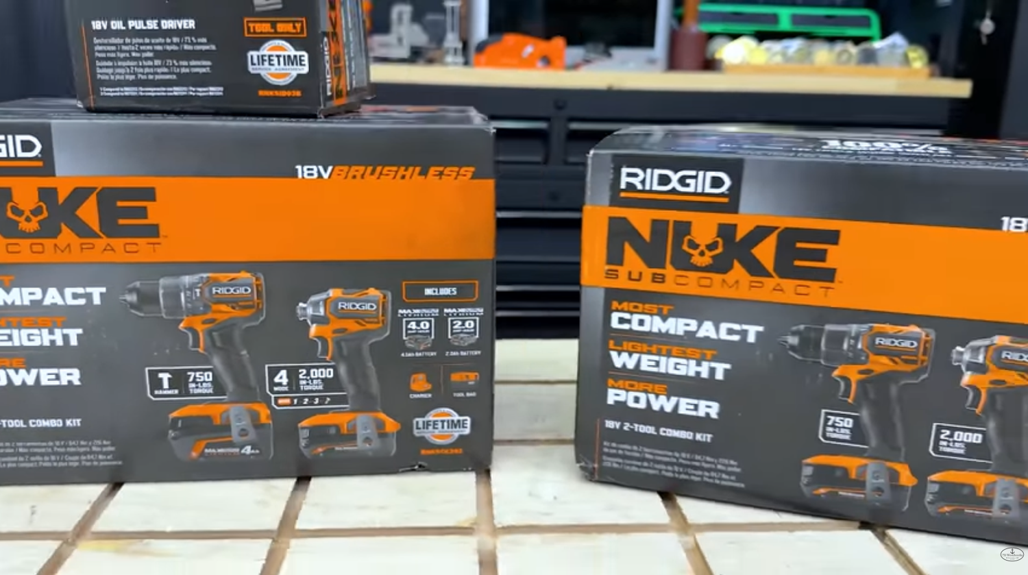 RIDGID NUKE hammer drill and impact kit next to the RIDGID NUKE drill and impact kit for comparison
