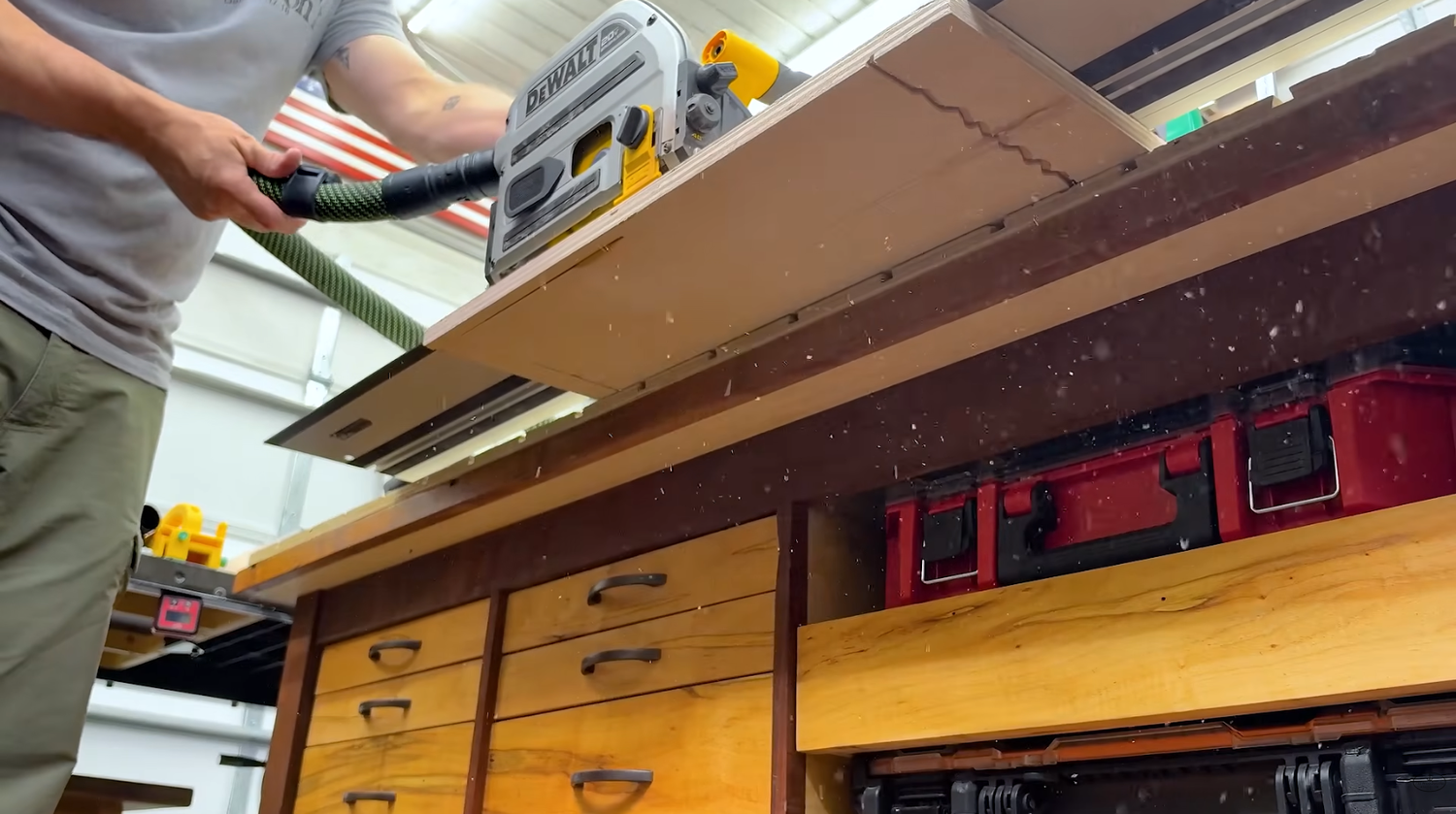 DeWALT XR 20V track saw making a clean cut on the track during a cut test
