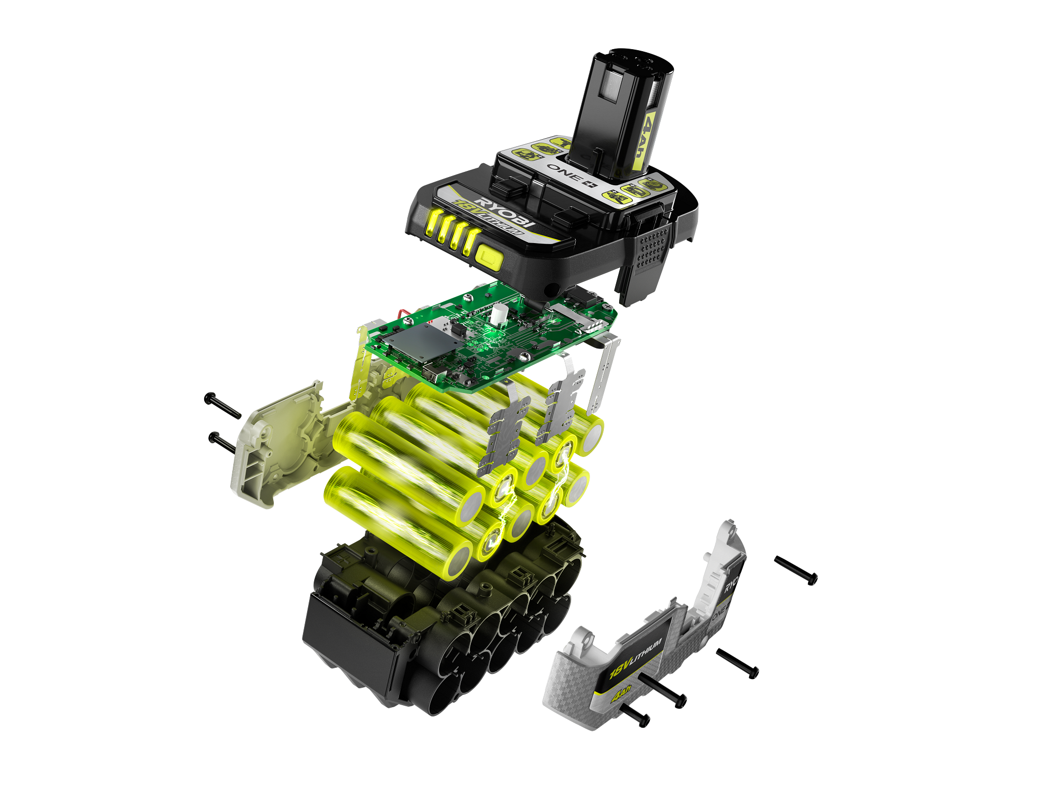 Exploded view of the RYOBI 18V ONE+ Lithium EDGE battery showing tabless cells and overmold