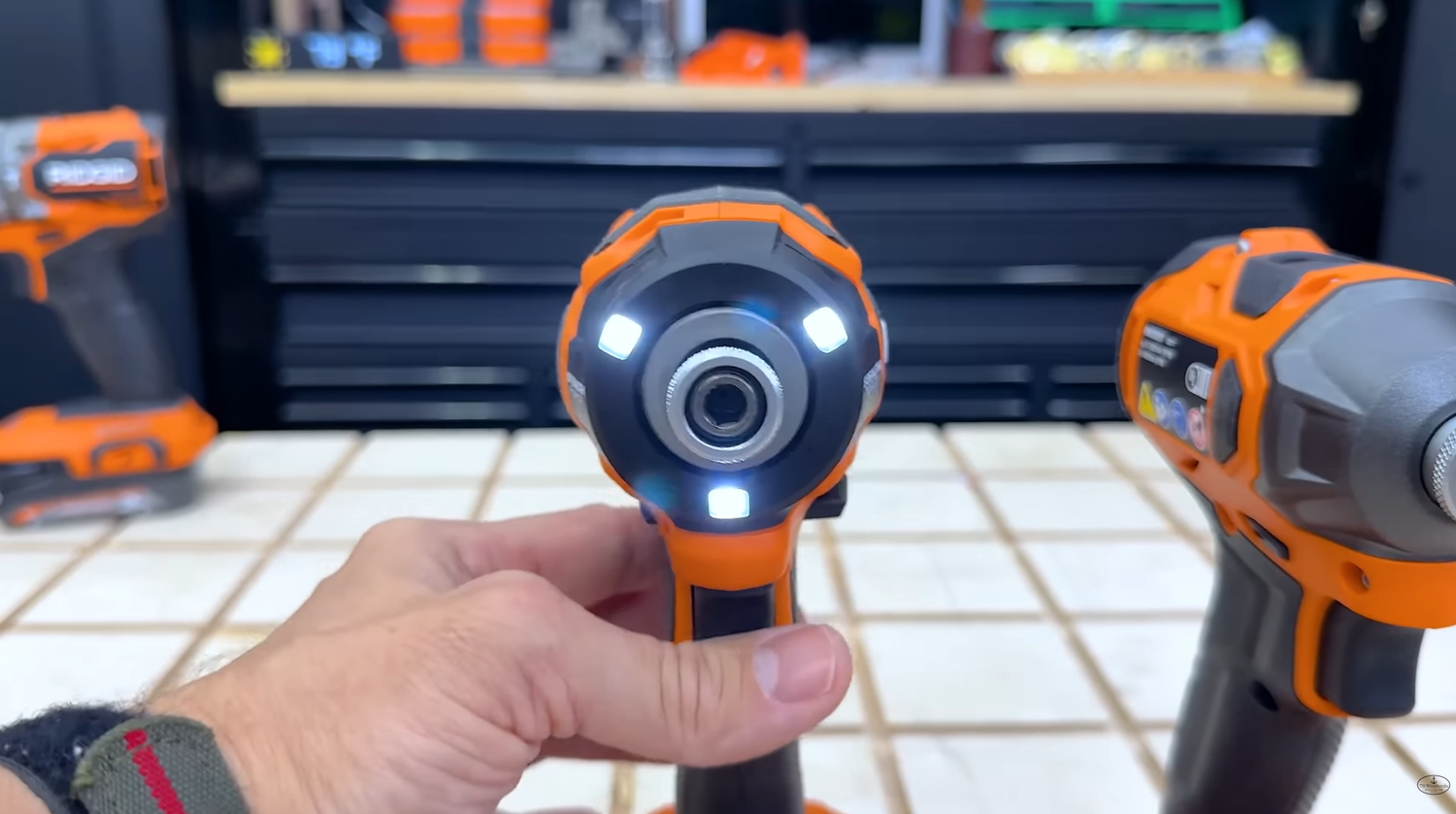 Three LED lights surrounding the bit holder on the RIDGID NUKE Stealth Force oil pulse impact driver
