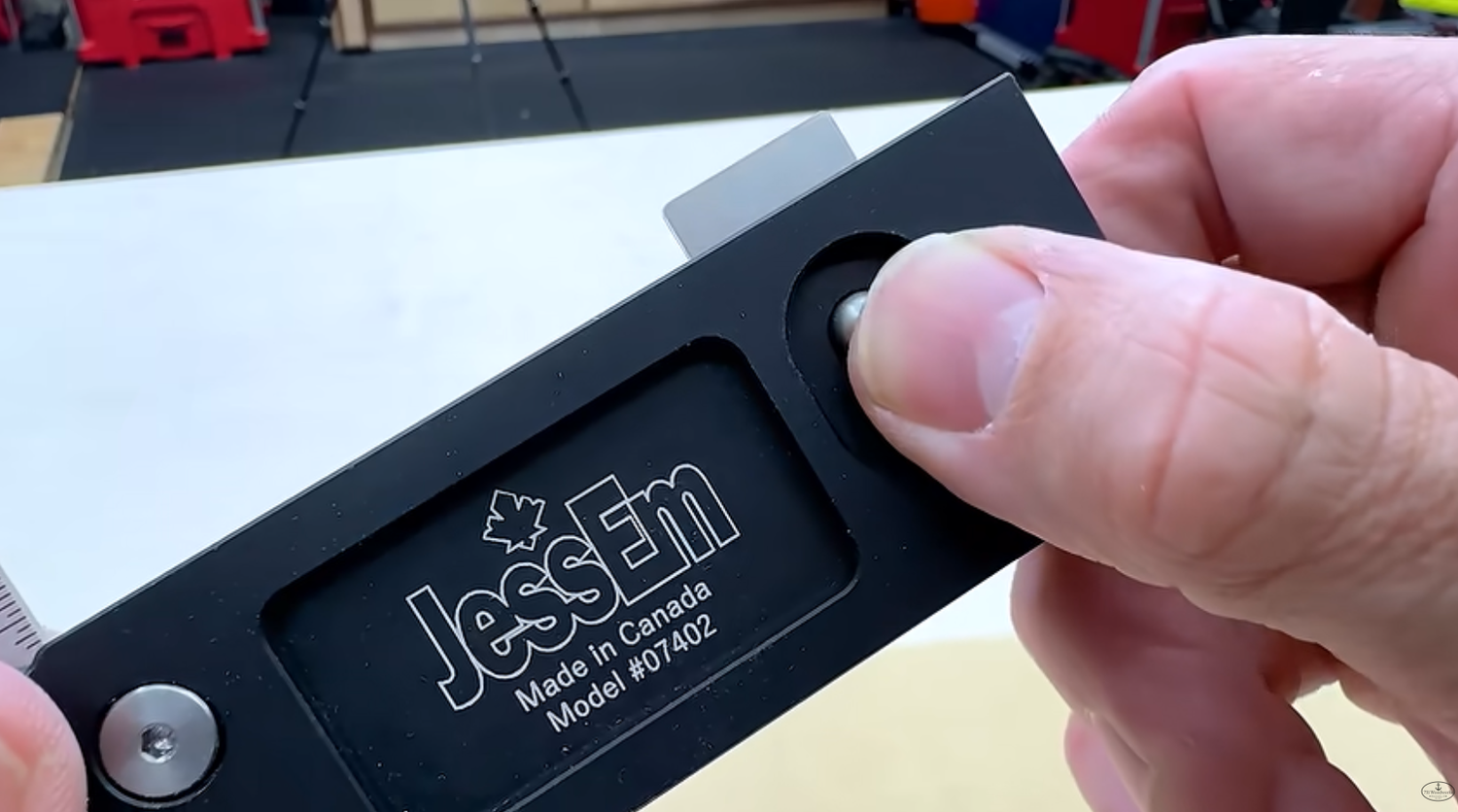 JessEm precision square with the balance tab pushed out to keep it upright on a board