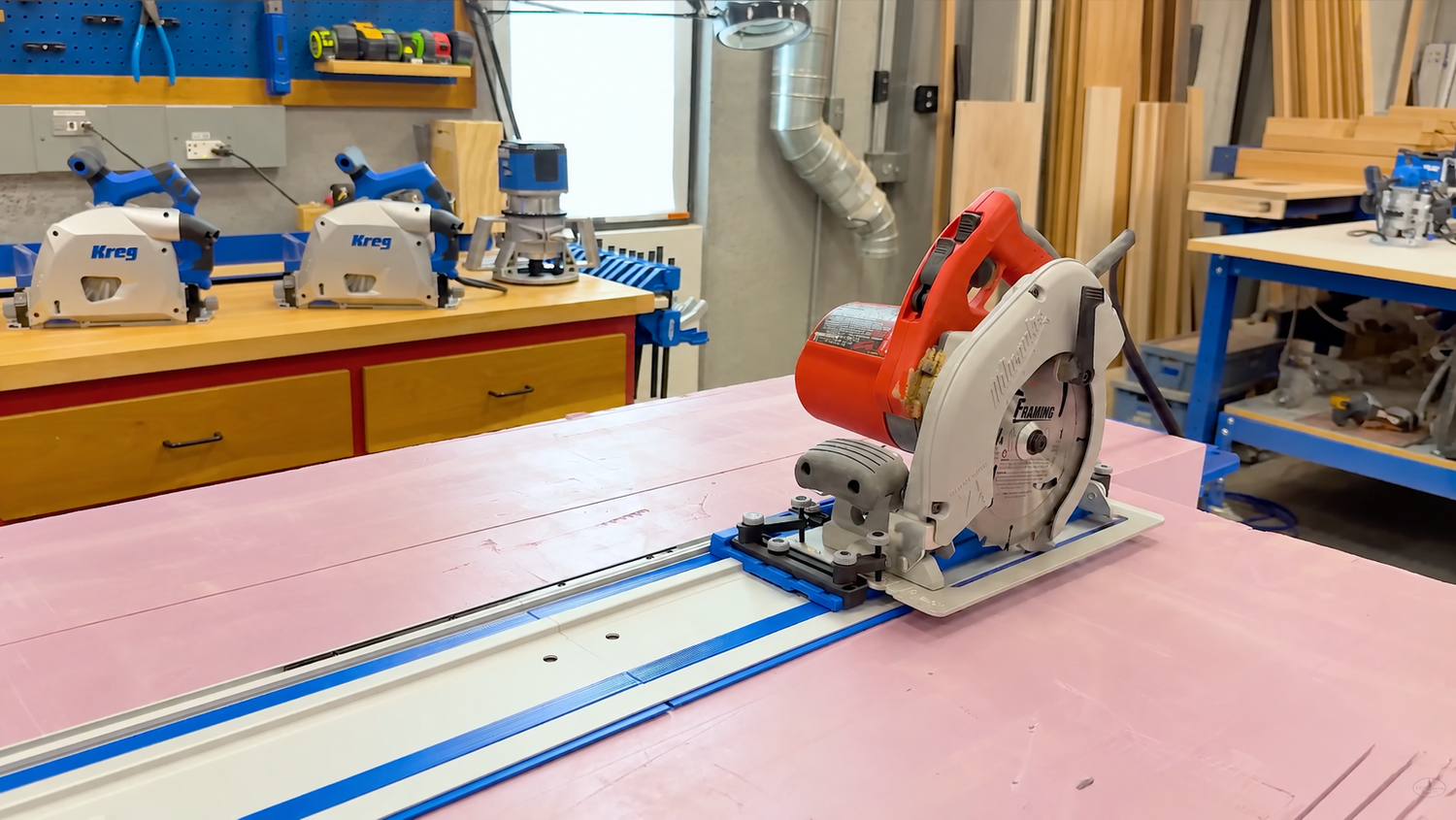 Kreg Accu-Cut sled clamping a standard circular saw onto the Kreg universal track