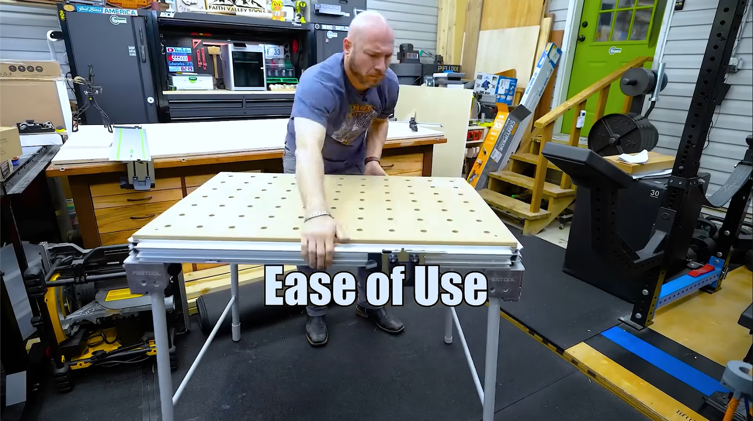 Festool MFT/3 cutting system table set up as a table saw alternative in a small woodworking shop