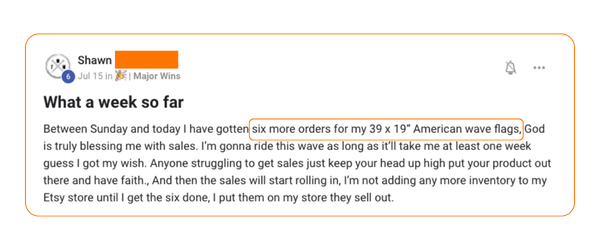 Shawn's consistent weekly Etsy sales