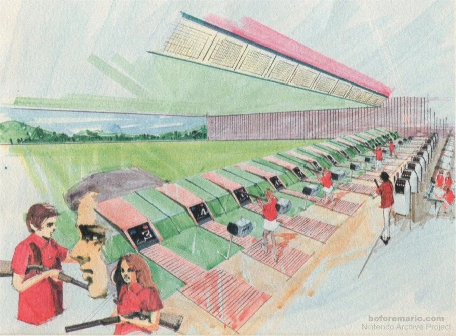 Period illustration of a Laser Clay range with rows of shooting stations