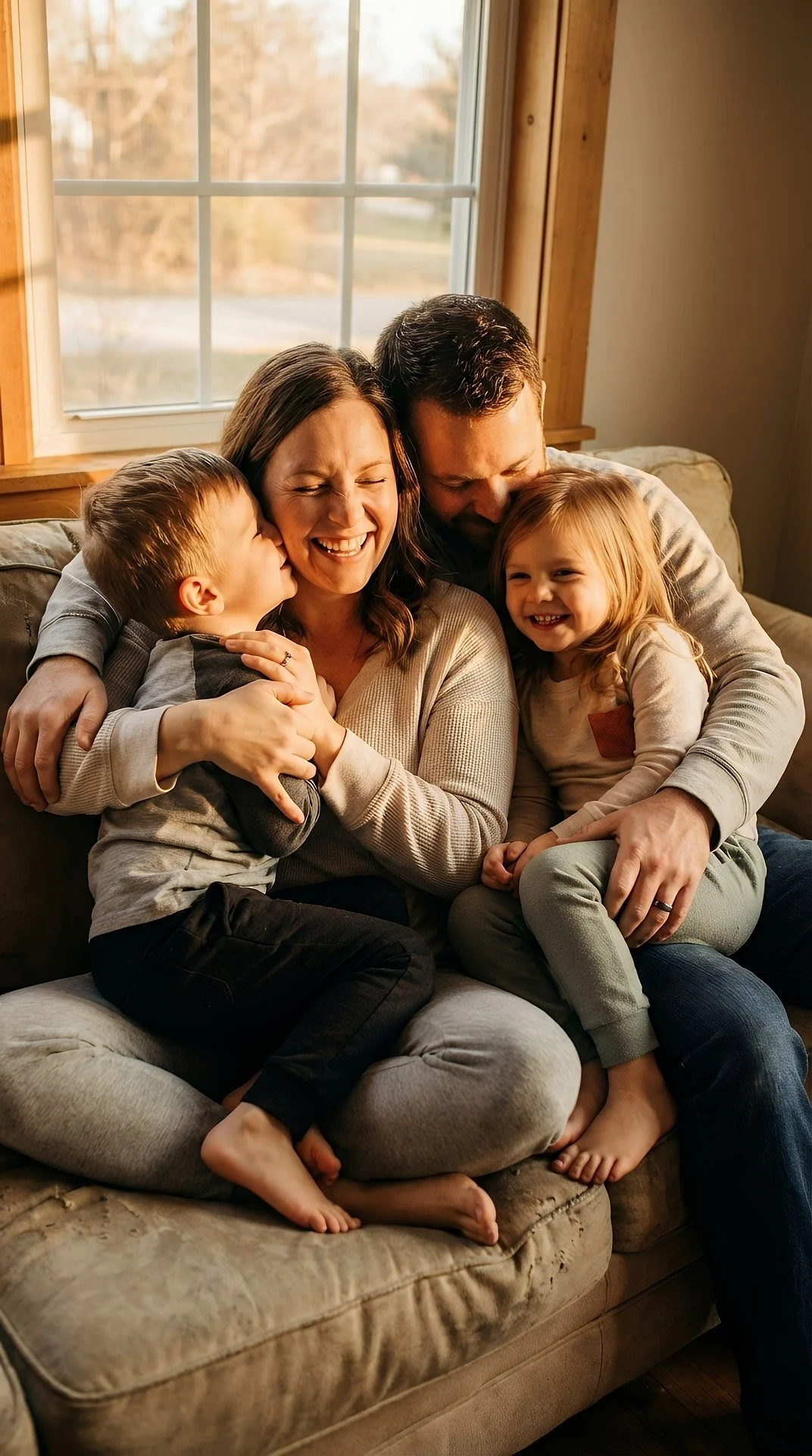 Family cuddling together on a couch