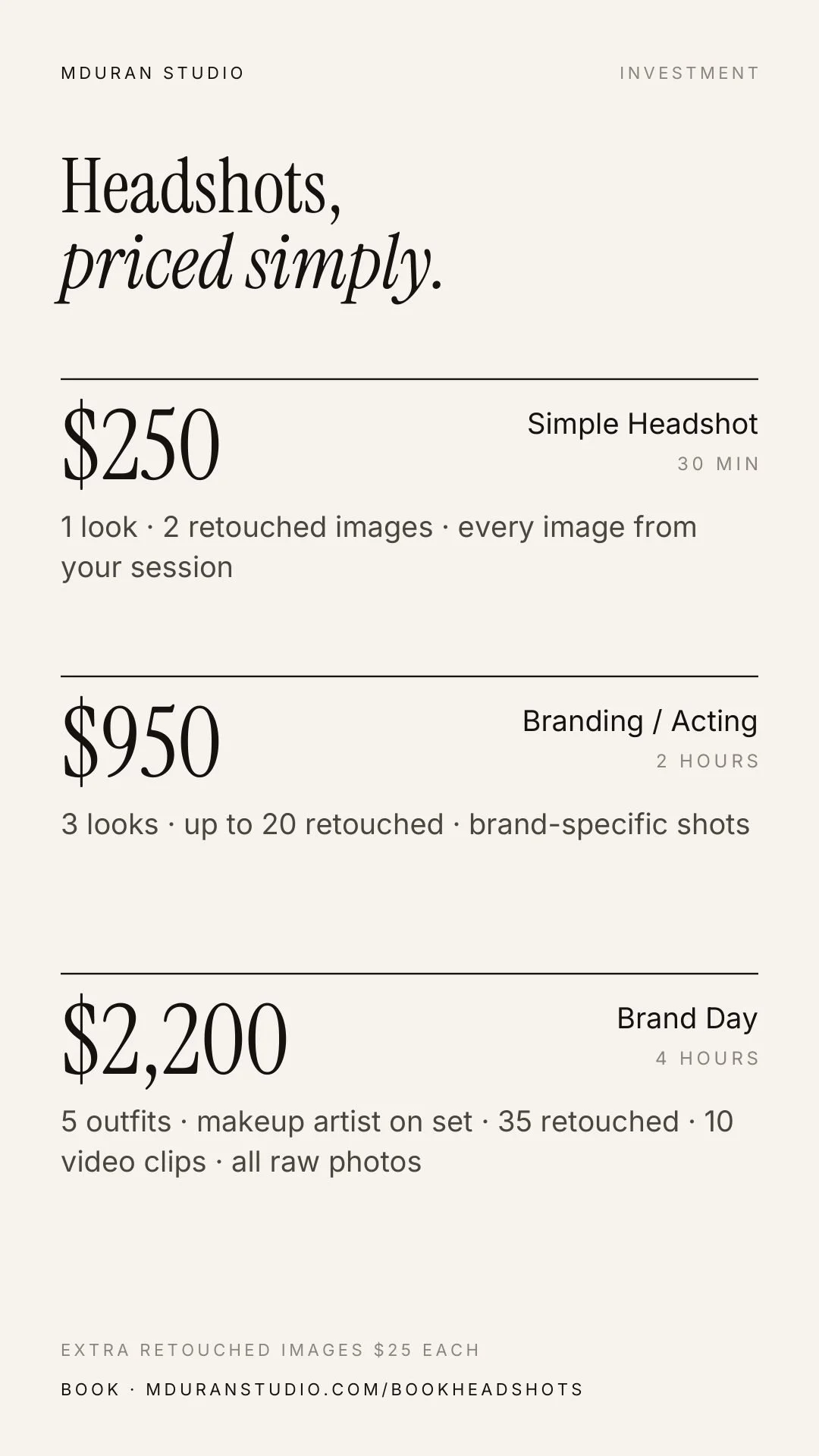Headshot pricing: Simple Headshot $250, Branding/Acting $950, Brand Day $2,200