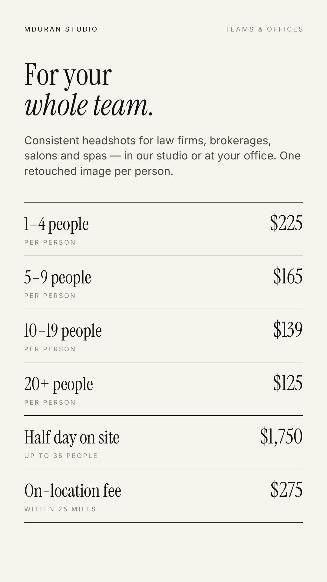 Team headshot rates from $125 per person; half day on site $1,750