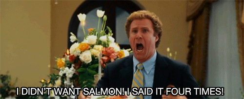 A white man with curly hair in a suit yells "I didn't want Salmon, I said it four times!" 