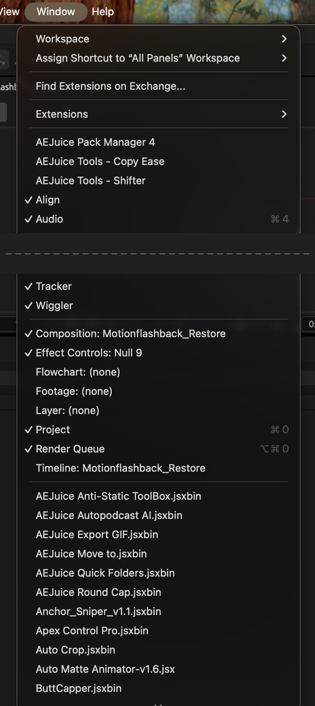 After Effects Window 選單下方列出已安裝的 jsx 腳本