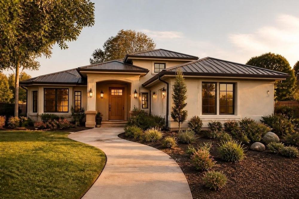 Single-family home with a curving front walk at sunset