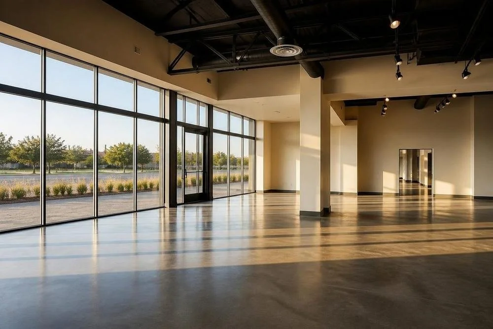 Empty, sunlit commercial space with floor-to-ceiling windows