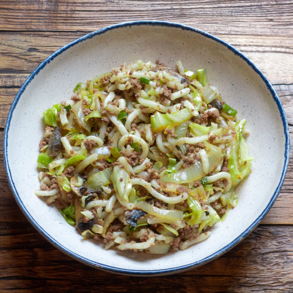 Udon Noodles with Bison and Cabbage