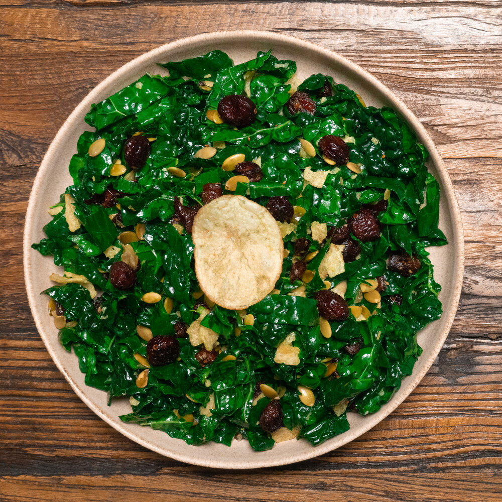 Kale Salad with Dried Cranberries, Pepitas, and Potato Chips
