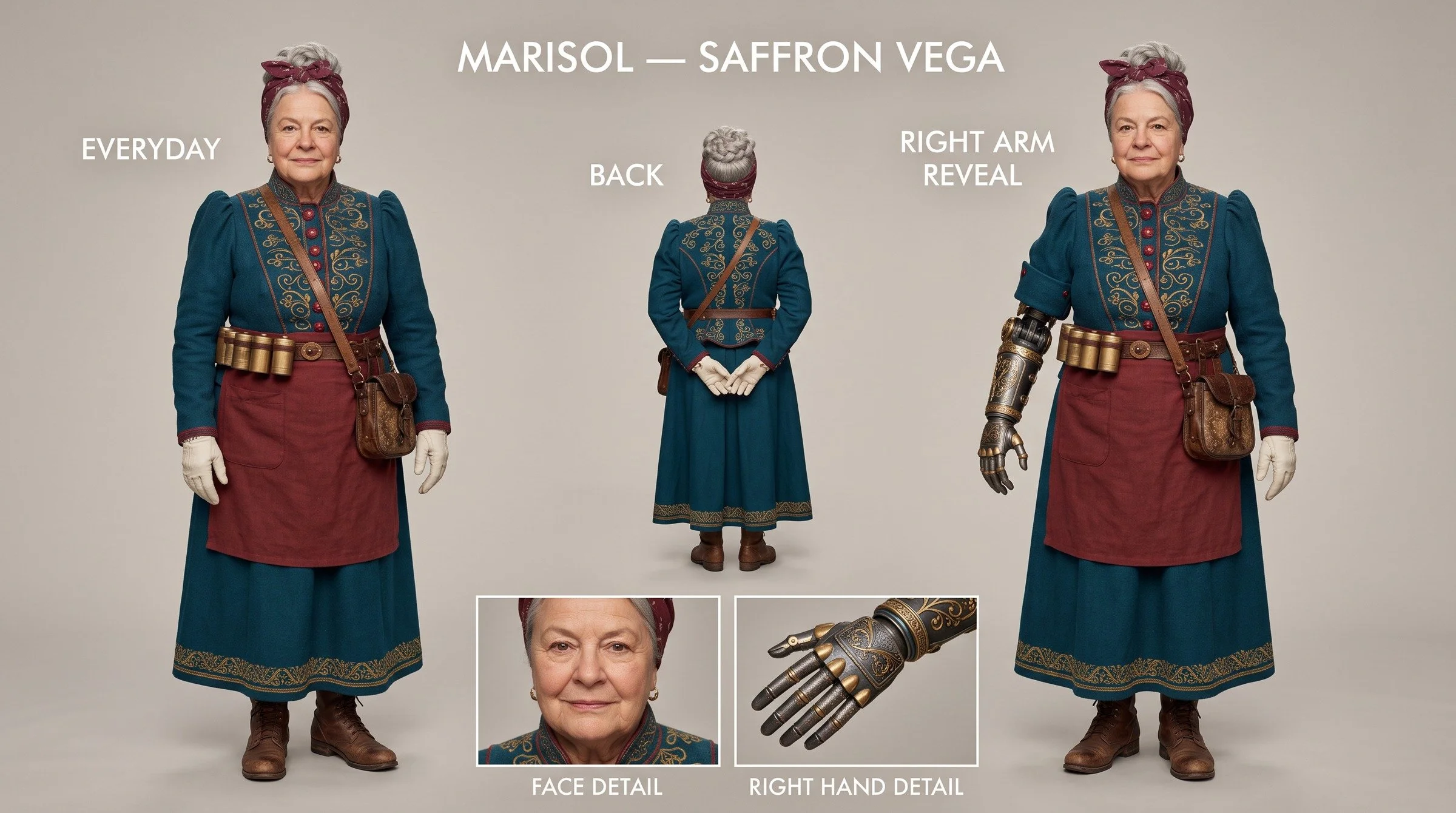Marisol character design: costume turnaround, face detail, and mechanical right arm