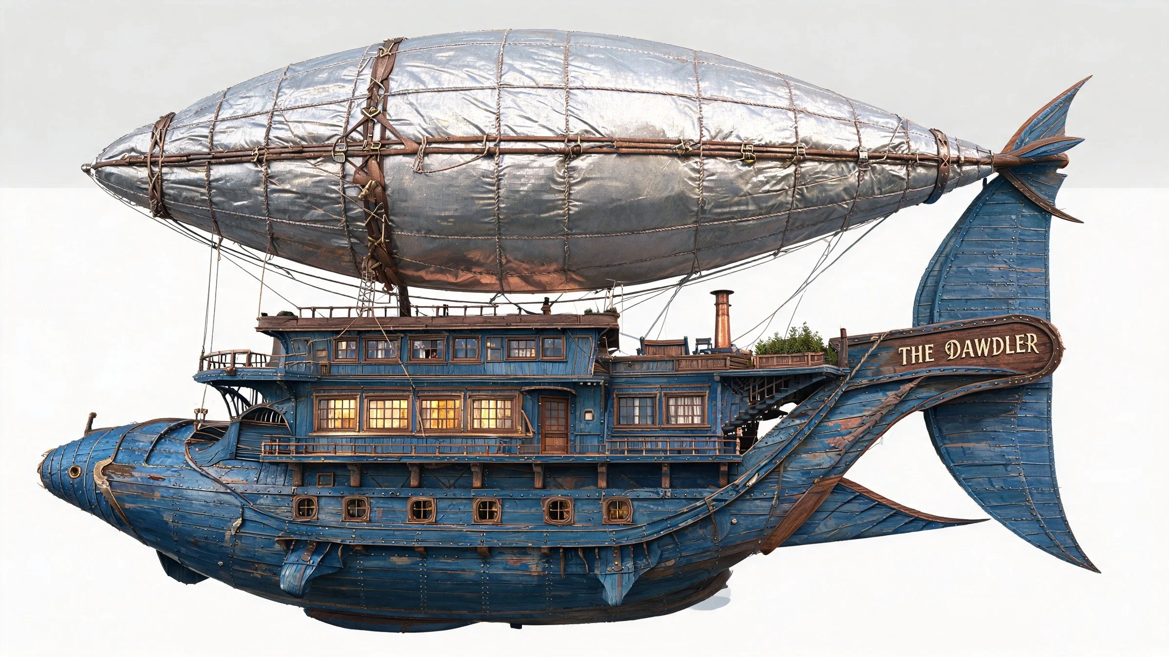 The Dawdler airship production design, with a blue wooden hull and silver balloon