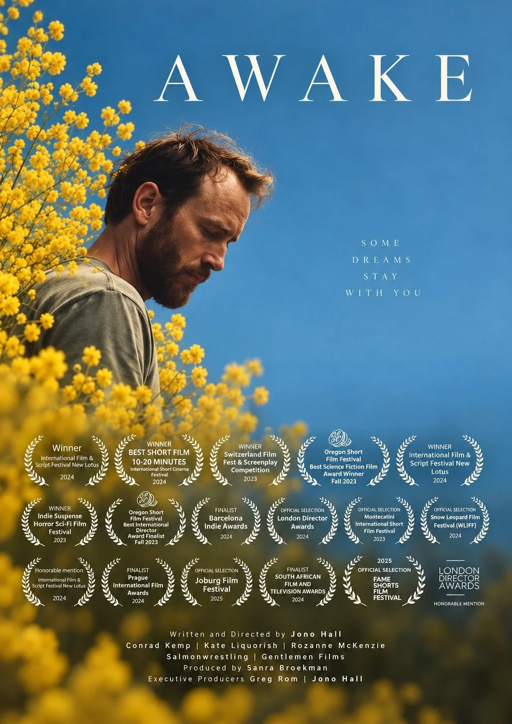 Awake film poster, Conrad Kemp among yellow flowers