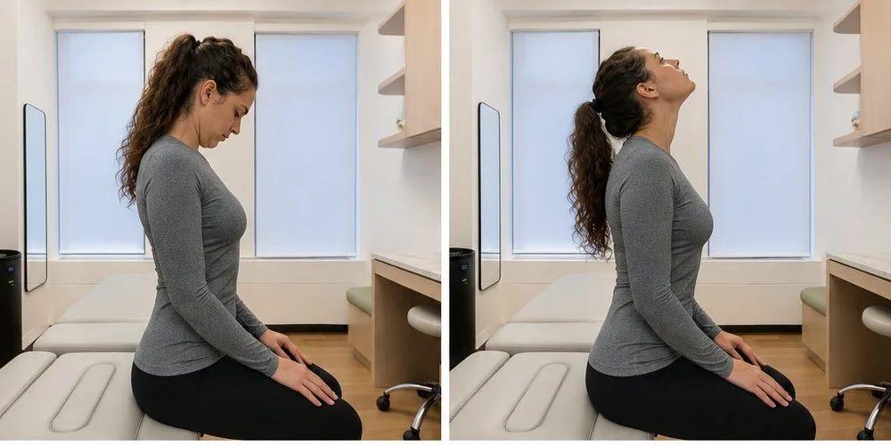 Gentle neck range of motion, chin nod and lift