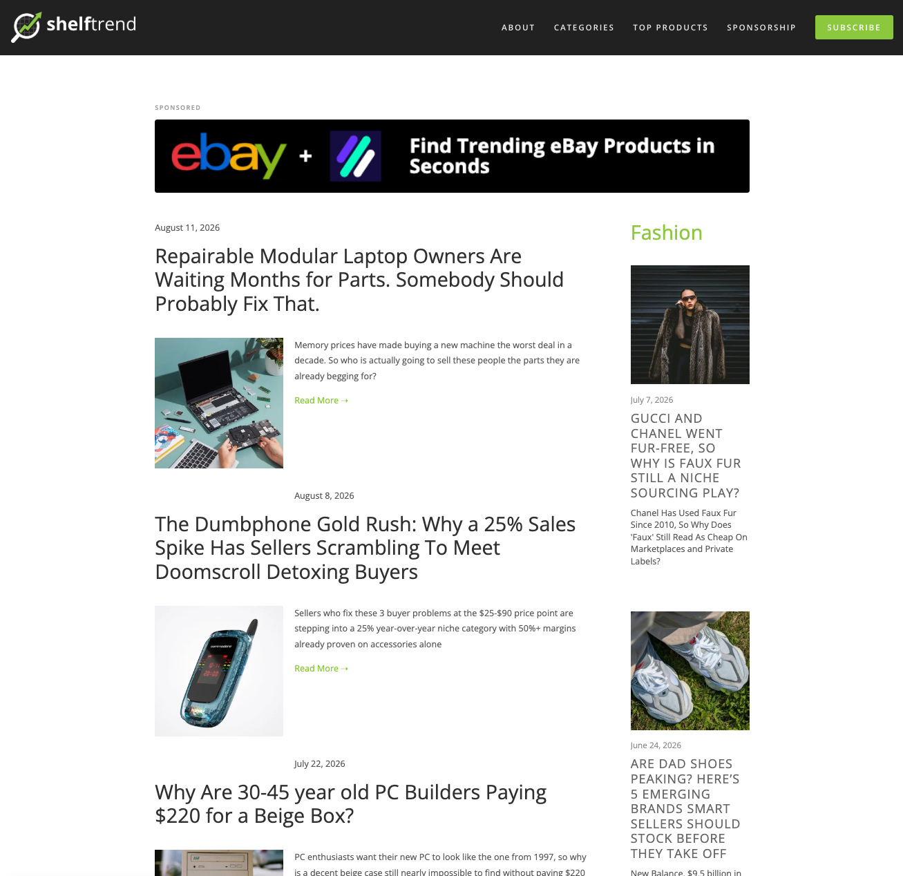 A sponsored 728x90 banner at the top of the ShelfTrend Electronics category page