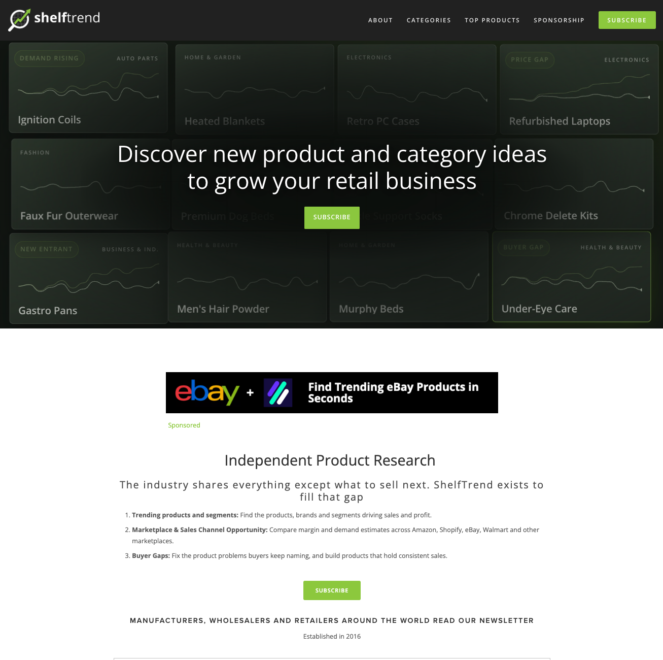 A sponsored 728x90 banner below the hero on the ShelfTrend homepage