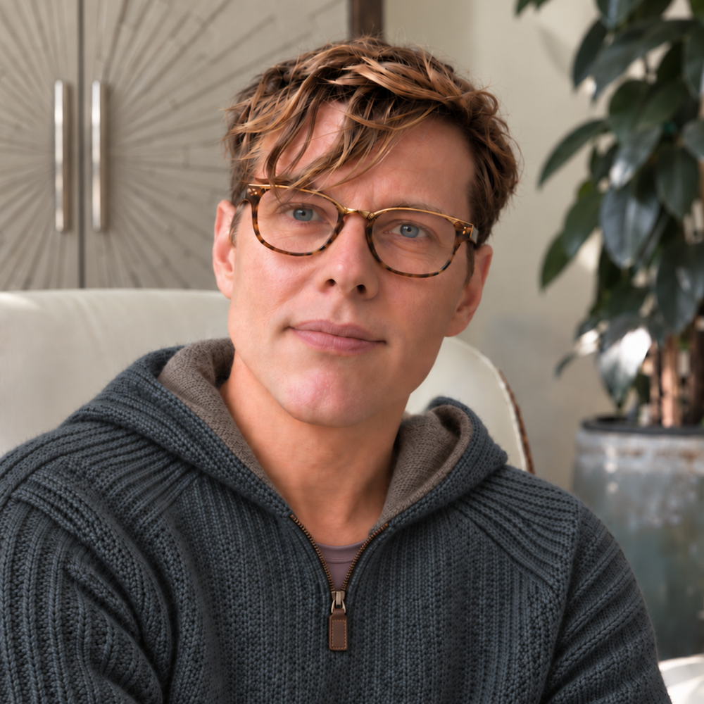 Jamie Fortin, LMFT, wearing glasses and a slate gray sweater, seated in his office.