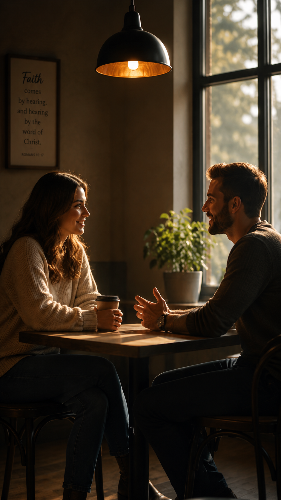 Two people having a meaningful conversation over coffee