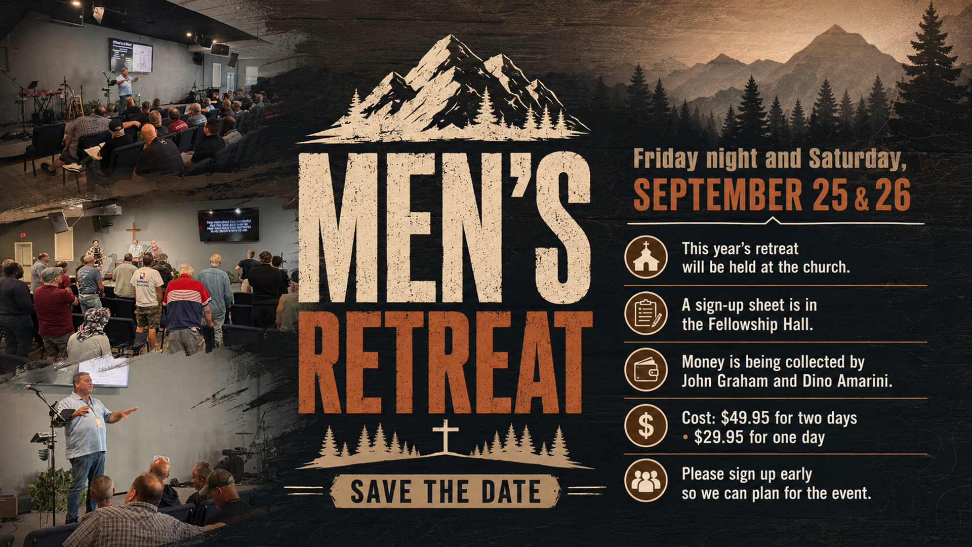 Men's Retreat 2026 save the date for September 25 and 26 at Grace Bible Fellowship Church