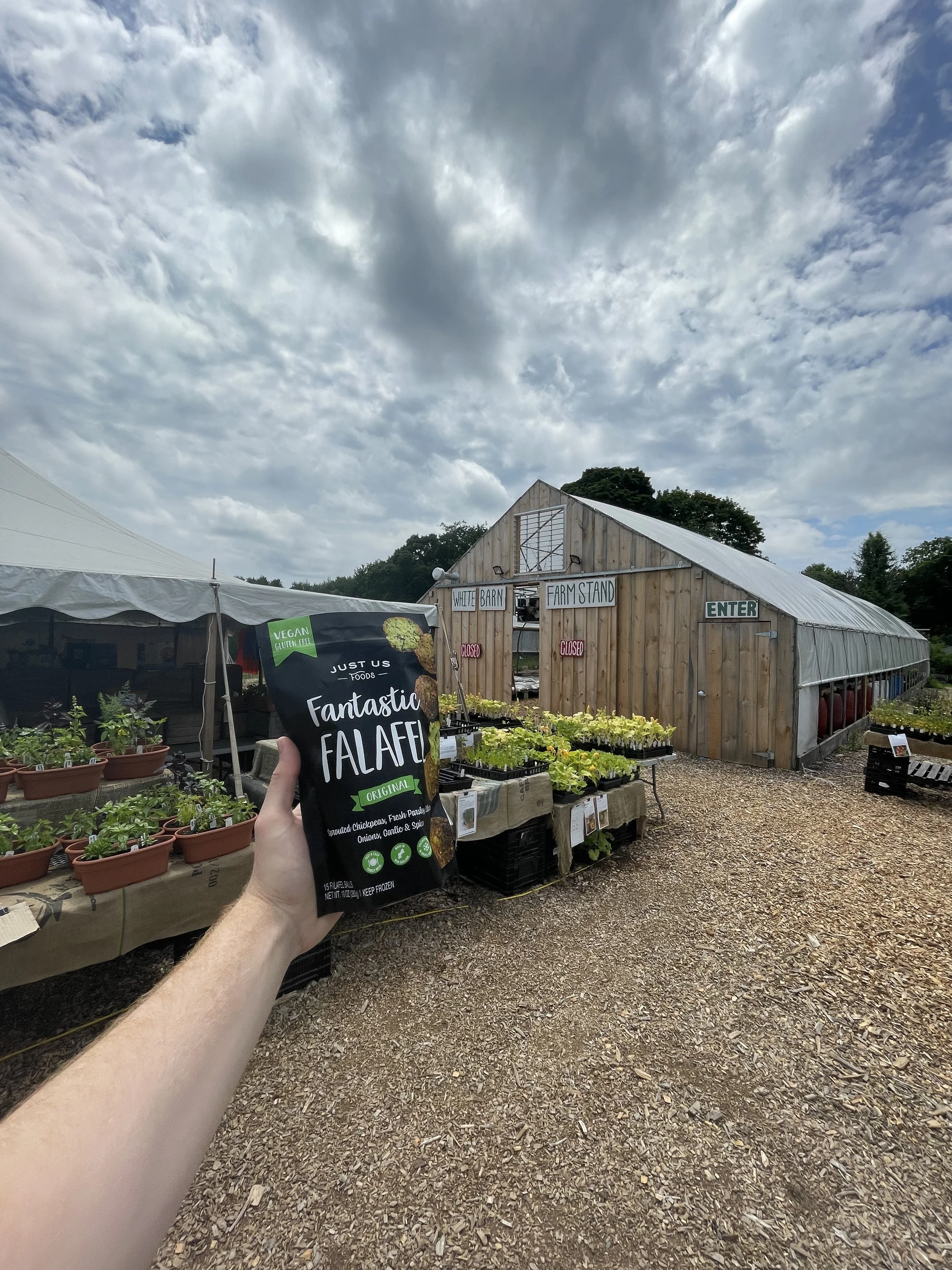 Fantastic Falafel is held up outside a retail location, the White Barn Farmstand