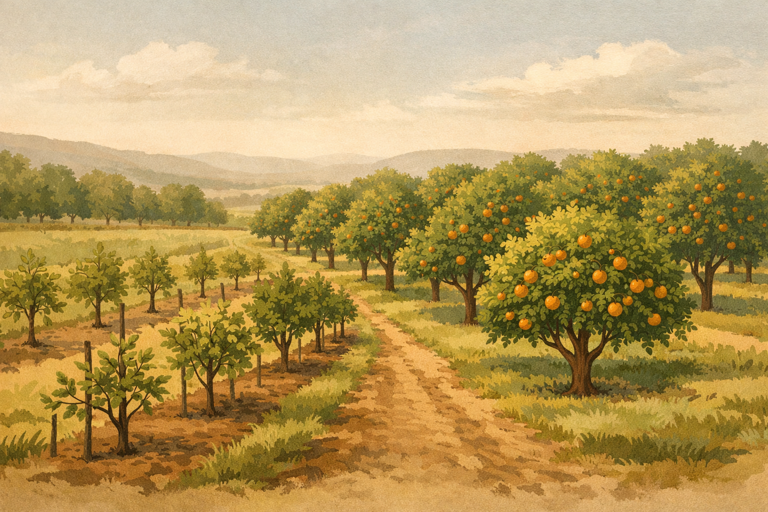 Orchard rows at different stages of maturity