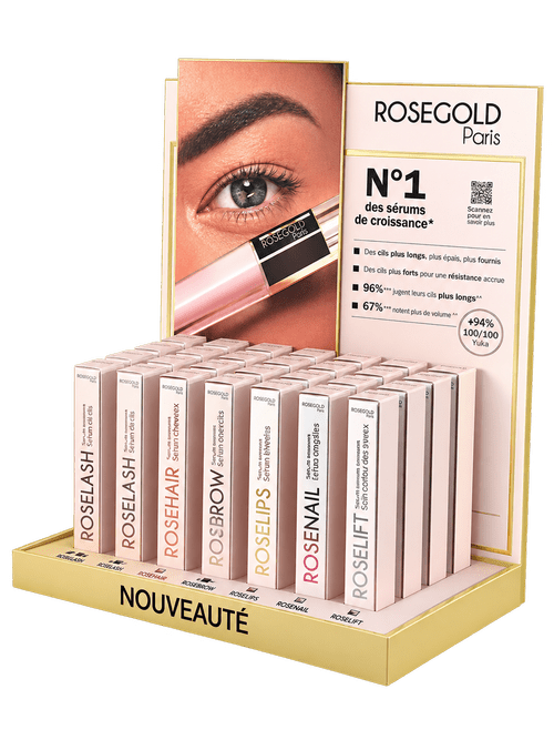 Expositor de mostrador Rosegold rosa y dorado