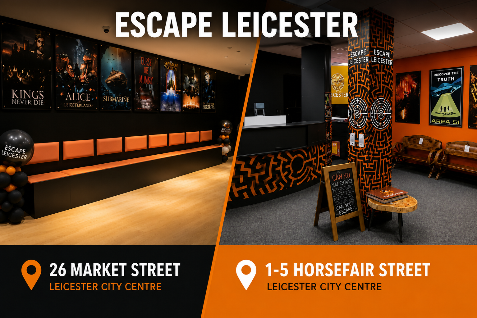 Escape Leicester venues — Market Street and Horsefair Street, Leicester city centre