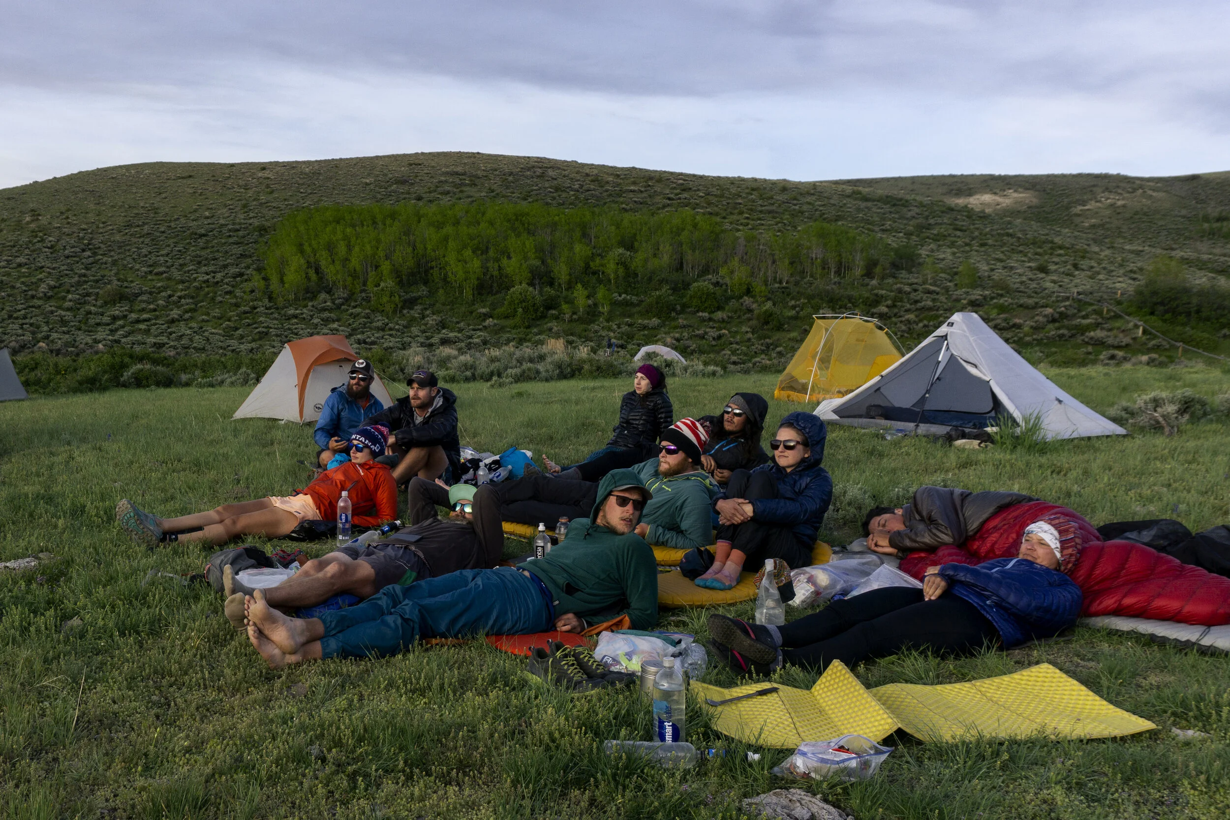 Group gathered around a campfire in Yosemite