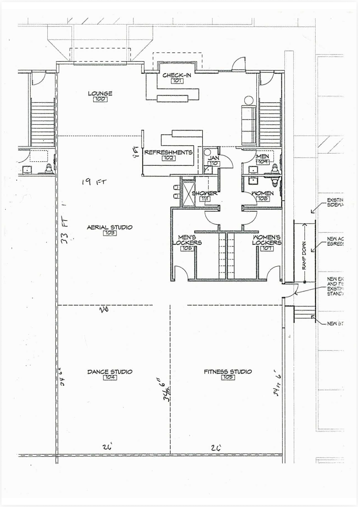 Floor plan of Shine Alternative Fitness studio showing main aerial studio room, lounge, locker rooms, bathrooms, and shower