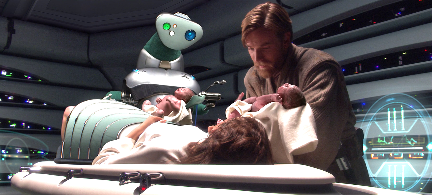 Unfortunately, in the movies Padme dies while giving birth to Luke and Leia...