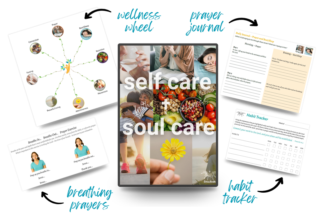 Self-Care + Soul-Care Startup Guide mockup with wellness wheel, prayer journal, breathing prayers, and habit tracker