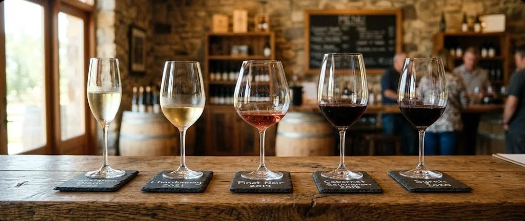 A five-glass tasting flight lined up on a wooden bar in a Hill Country tasting room