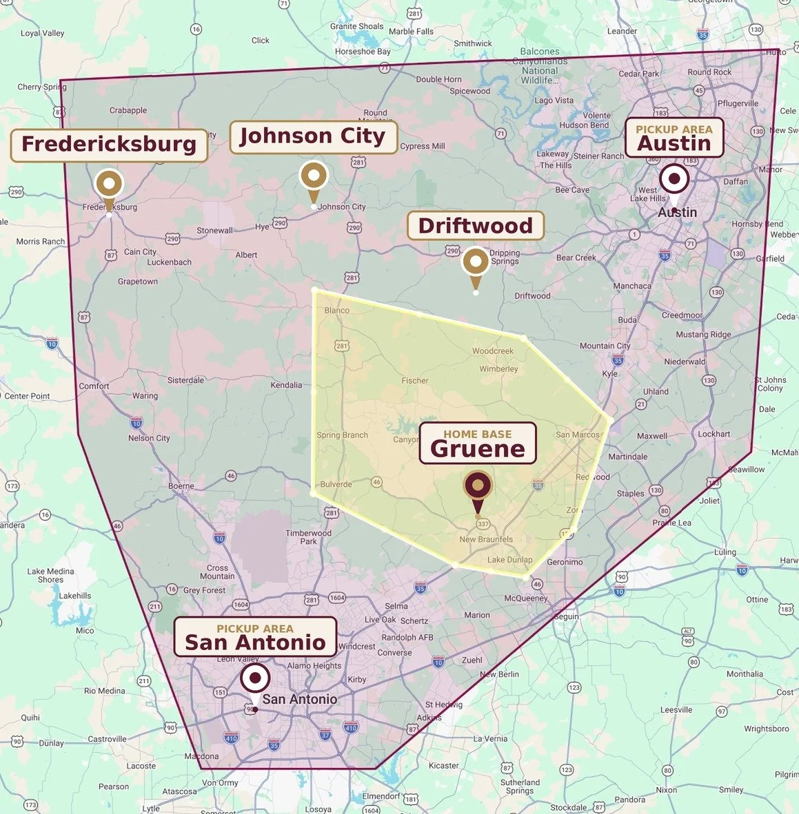 Winding Road service area — home base in Gruene, wine regions in Fredericksburg, Johnson City and Driftwood, pickup in Austin and San Antonio