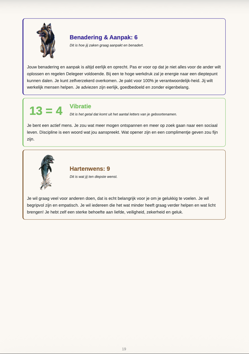 Naamanalyse uit het Numerologie Basisrapport met Benadering en Aanpak, Vibratie en Hartenwens
