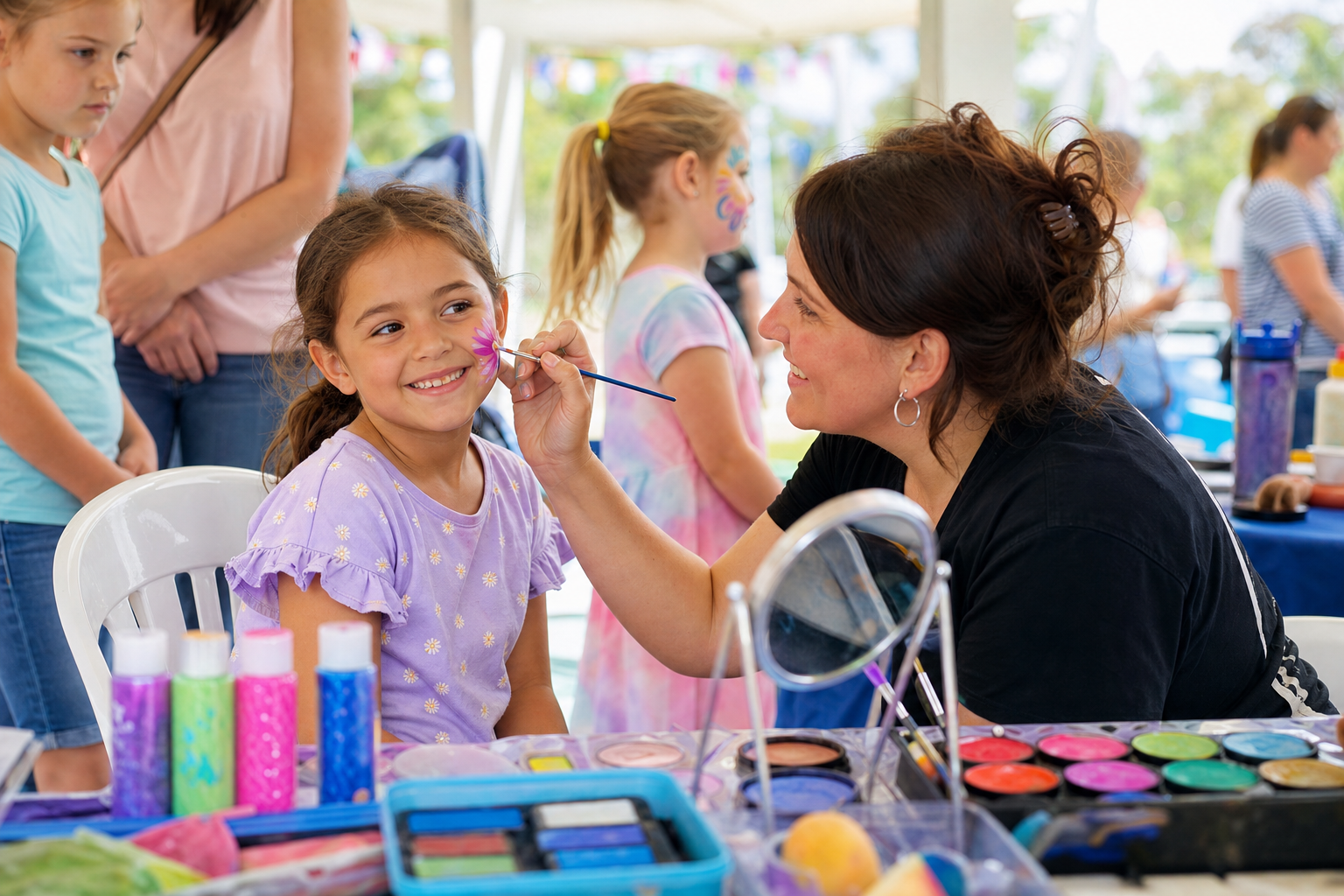 Colourful face painting and temporary tattoos at the fete