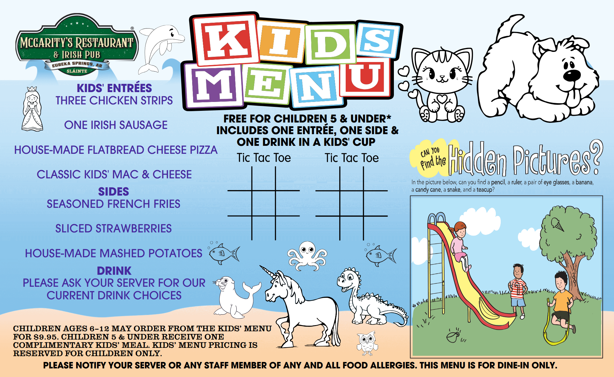 McGarity’s Kids’ Menu with activities and meal choices