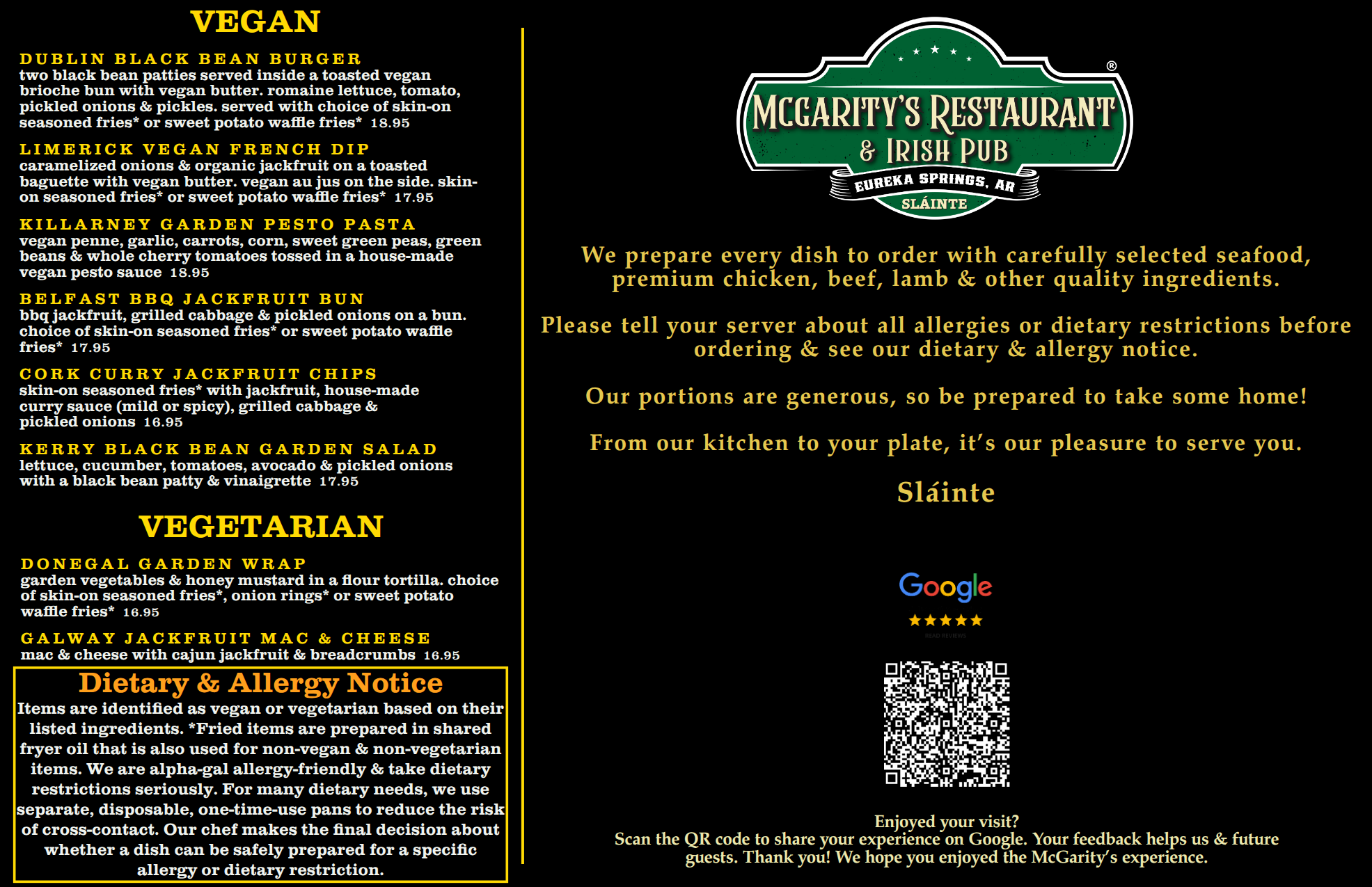 McGarity’s main menu back featuring vegan and vegetarian dishes, descriptions and prices, October 2026